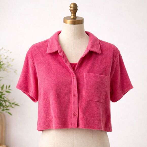 Hollister Tops - Hollister Resort Terry Cropped Button Down Shirt Top Size Small Pink Pocket